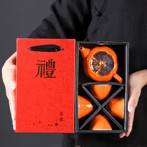 Aksesuarlar Çin seyahati kung fu seramik çay seti 1 çaydanlık 4 çay fıstığı çay töreni taşınabilir persimmon şekil çaydanlık zarif hediye kutusu
