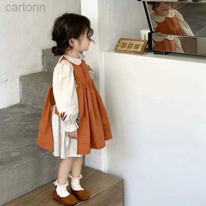 Kız Elbiseleri İlkbahar ve Sonbahar Moda Elbise Çocuk Giysileri İçin İki Parça Set Kızlar Elbise Diz Uzunluk Manşet İşlemeli Beyaz ve Turuncu Katı 24323