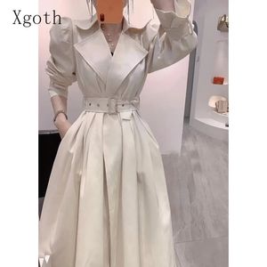 Xgoth Damen Mäntel Koreanische Mode Dünne Britischen Stil Jacke Laceup Revers Solide Zellstoffauslass Lange Jacken Frühling Weibliche Kleidung 240309