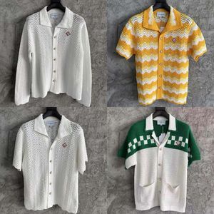 24ss Casablanca Novo Designer de Suéter de Malha Casacos Lapela Bordado Crochê Lã Malha Cardigan Homens e Mulheres Mesma Manga Curta Malha Pulôver Camisa Tops Casablanc