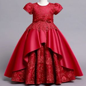 Zarif Prenses Dantel Elbise Kids Burgundy Çiçek Kız Elbiseler Noel Partisi için Vintage Çocuklar Kırmızı Top Elbise 240309