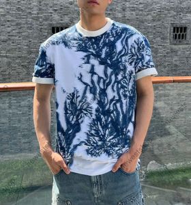 24SS Europe Mens T Shirt Erkekler Tasarımcı Tee Yaz Mektubu Baskı Tişört Pamuk Kadın Jakard Örme Desen Tshirts Mavi S-XL