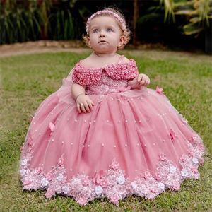Прекрасные жемчужные платья для девочек-цветочниц на свадьбу с открытыми плечами, кружевные аппликации, пышные платья для малышей, тюль длиной до пола, бальное платье, детское платье на день рождения
