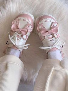 Sıradan Ayakkabı Pembe Lolita Kawaii Mary Janes Kadınlar Yay tatlı prenses yuvarlak ayak parmağı bayanlar strappy moda düz 2024