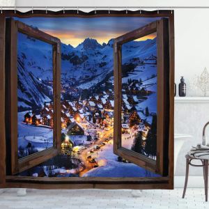 Perdeler Pencere Peyzaj Duş Perdesi, Kırsal Kasaba Kıyısı Kış Sezonu Karlı Hava Durumu Manzaralı, Su Geçirmez Banyo Perdesi Seti