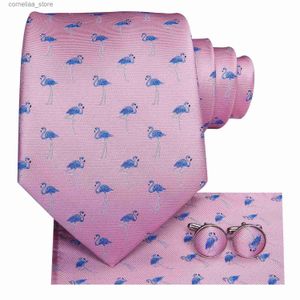 Boyun bağları boyun bağları hi-tie tasarımcısı pembe mavi flamingo baskı ipek bağları erkekler için mendil kolink karikatür erkek kravat hediyesi erkekler için jacquard gravata y240325