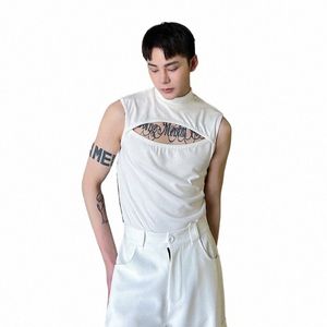 Yaz Men Büst Hollow Tank Tops Tee Slim Fit Fanila Tişört T-Shirt Erkek Net Ünlü Modelleme Giyim Yelek Tshirt 03HL#