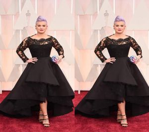 Artı Boyut Uzun Resmi Elbiseler Kelly Osbourne Ünlü Siyah Dantel Yüksek Düşük Kırmızı Halı şeffaf Gece Elbiseler Parti Gowns3812047