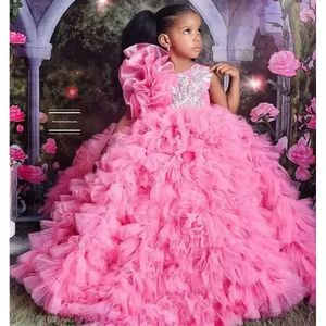 Organza Pembe Pageant Quinceanera Elbiseler Küçük Kızlar Halter 3d Çiçek Çiçekleri Dantel Çiçek Kız İlk Cemaat Elbise