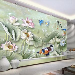 Sfondi Wellyu Murales personalizzati su larga scala Eleganza estetica Lotus Jade Carving TV Sfondo Carta da parati per pareti 3 D