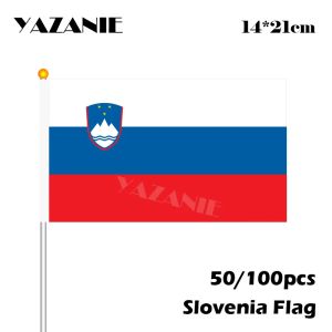 Аксессуары YAZANIE 14*21 см 50/100 шт. Флаг Словении Ручной флаг Словении Размахивающий рукой Национальный флаг Бесплатная доставка Мировой пластиковый флагшток Пользовательский флаг
