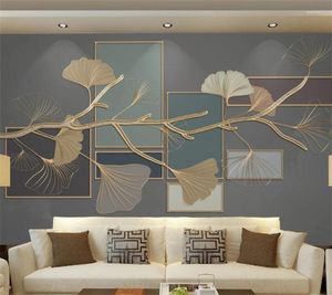 Обои Wellyu индивидуальные крупные фрески в китайском стиле гинкго геометрические линии золотистого тиснена гостиная фона обои