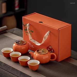 Наборы чайной посуды Чайный сервиз с хурмой Ruyi, подарочная коробка, высокий внешний вид, домашний керамический чайник, чашка, свежая и милая
