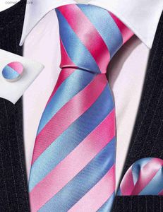 Галстуки на шею Галстуки на шею Изысканный розовый синий галстук для мужчин Лучший новый шелковый галстук в полоску Носовой платок Запонки Жених Свадебный бизнес-дизайнер LN-6366 Y240325