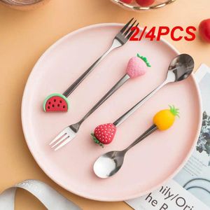 Conjuntos de louça 2/4pcs colher de aço inoxidável garfo fruta colorido bonito padrão sobremesa crianças de acessórios de cozinha