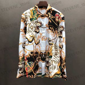 Erkekler Sıradan Gömlekler Sosyal İtalyan İngiliz tarzı Erkekler Uzun Slve Gömlek Sonbahar Renkli Vintage Tiger Baskı Baskı Girmiş Gömlek Elbise Camisa Maskulina T240325