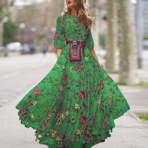 Günlük Elbiseler Sonbahar Baskılı Elbise Zarif Çiçek Baskı Maksi Kadınlar için A-line Büyük Salıncak Yüksek Bel Yarım Kollu