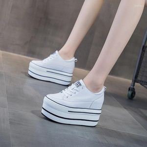 Sapatos casuais femininos super alto salto grosso plataforma apartamentos couro genuíno macio qualidade tênis branco