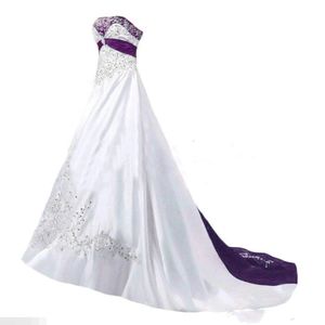 Nakış Bir Çizgi Gelinlik Beyaz ve Mor Saten Uzun Gelin Gowns Korse Straplez kolsuz gelin elbise özel yapılmış