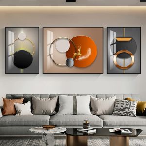 3 предмета, скандинавская роскошная геометрическая круглая легкая картина на холсте, настенная живопись, абстрактные постеры и принты для декора гостиной, Cuadros