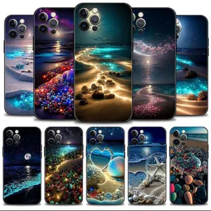 Sea Ocean Beach Soft TPU Case para Iphone 15 Pro Max 14 Plus 13 12 11 XS MAX XR X 8 7 6 Iphone15 Moon Starfish Stone Love Heart Lover Fashion Black Smart Phone Cover Skin