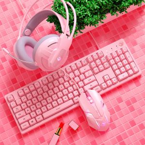 Мыши игр комбинации розовые 19 клавиш бесплатно пунш -проводной USB -клавиатура 4800DPI мыши с шумоподавлением наушники игровые аксессуары ПК Полный набор