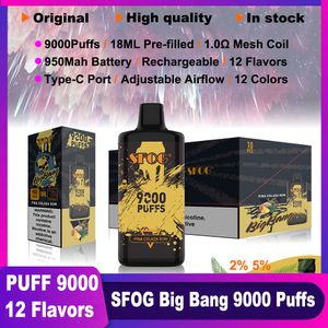 SFOG Orijinal 9000 Puf Vapes Tek kullanımlık puf 9000 Big Bang 9000 Puff 9K 9K VAPER 18ML E-LİKİD 1.0Ω FAKH BOLL 12 TEMLİ HAVA Akışı ayarlanabilir 950mAH şarj edilebilir vape kutusu kalem