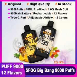 SFOG Orijinal Puff 9000 Tek Kullanımlık E Sigara Vaper Büyük Bang 9000 Puff 10K Vapes 18ml Önceden Dolgulanmış Örgü Bobin Pod 12 Lezzetler En Yüksek Kalite Desectable Vape Kalem