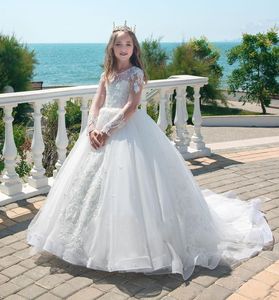 2024 Tasarımcı Vestidos Çocuklar İlk Cemaat Elbiseleri Küçük Beyaz Çiçek Kız Elbise Prenses Çocuk Düğün Partisi Juniorbidesmaid Maxi Prom Akşam Elbise