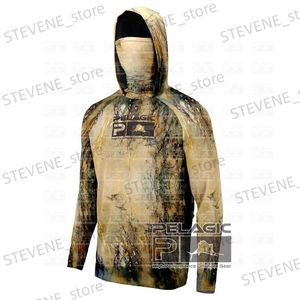 Erkek Hoodies Sweatshirts Pelajik Kamuflaj Balıkçı Gömlek Uzun Slve Hooded Yüz Kapağı Balıkçılık Giyim Erkekler UV Koruma Nefes Alabilir Balıkçılık T-Shirts T240326