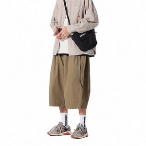 Verão Homens Mulheres Soltas Casual Bezerro Comprimento Japão Coreano Streetwear Fi Vintage Perna Larga Calças Curtas Calças Unissex f80y #