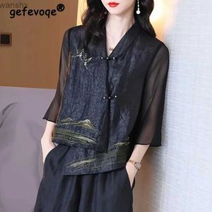 Kadın Bluzlar Gömlekleri Kadın İpek Retro Nakış Asimetrik Üst Zarif Çin tarzı Tasarım İlkbahar ve Yaz Hardigan Blusa Mujer Modal240328