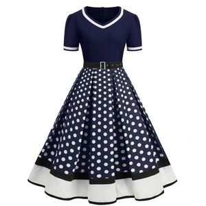 Polka Dot Swing Kadın Yaz Elbiseleri Hepburn Style Vneck Kısa Kollu Çöp Pinup Vintage Rockabilly Party Ofis Elbisesi 240327