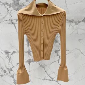 Kadın Örgüler 2024 Kadınlar Vintage Donanma Örgü Hırka Pist Şık Parlamalı Knöğüt Tek Kesilmiş Streç İnce Sweater Kadın Moda