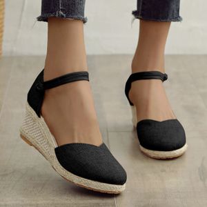 Sandal Örgülü Espadrille Knot düğmesi ayak bileği kayış kama sandaletleri keten yaz 6cm topuk platformu espadrilles ayakkabı 240312