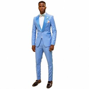 açık gökyüzü mavisi erkek takım elbise bir popo erkek blazer setler ince fit smokin ceket ve pantolon zirve yaka 2 adet düğün damat giyim w5yh#
