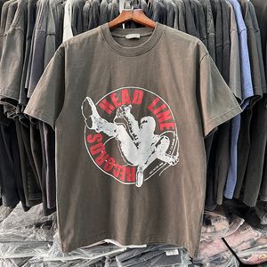 Fotos reais tshirts 2024ss impresso lavagem de água vintage t manga curta verão das mulheres dos homens hip hop malha algodão t-shirts