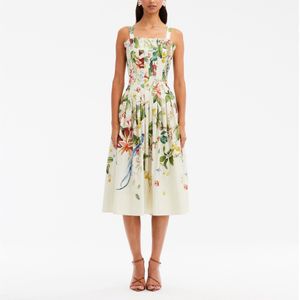 Süslü Elbise Kadın Pamuk Çiçek ve Kuş Baskı Toplanan Bel Piled Craft Slip Midi Elbise