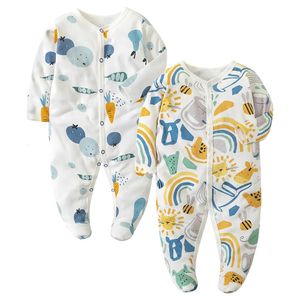Комплект из 2 комплектов, цельные пижамы для детей 012 месяцев, одежда для сна на ножках для маленьких девочек и мальчиков, хлопковые комбинезоны, модная одежда 240313