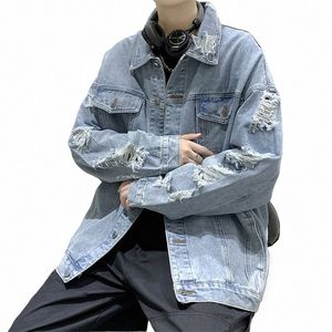 Джинсовая куртка с дырками Мужская Fi Свободная уличная одежда в стиле хип-хоп Пальто Твердые отложные воротники с воротником-стойкой Однобортные мужские джинсовые куртки Мужская верхняя одежда K8QI #