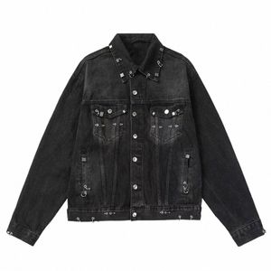 24ss perçinlenmiş delinmiş yüzük tokası yangın hine baş denim ceket ceket e8jw#