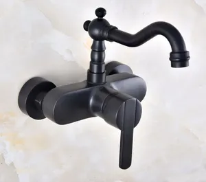 Banyo lavabo musluklar yağ ovulmuş bronz 360 döner spout havzası musluk duvar monte çift delik mutfak soğuk ve su karışıcı musluk dnf838