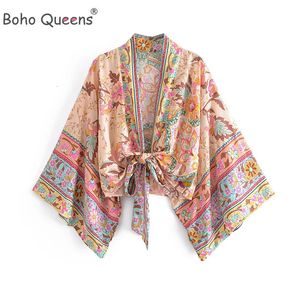 Boho Queens Vintage Çiçek Baskı Kanatları Kısa Kimono Kadın Moda V Boyun Batwing Sleeves Ladies Beach Robe Cover-Ups 240314