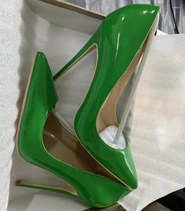 Elbise ayakkabıları bayanlar nedensel stilettolar için günlük parti stiletto kadınlar bahar yeşil deri patent parlak yüksek topuk pompalar