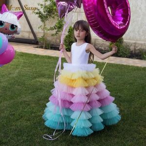 Bebek kız prenses gökkuşağı katmanlı tutu elbise bebek yürümeye başlayan çocuk tül patchwork vestido akşam parti pageant doğum günü 112y 240318