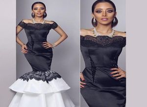 Myriam Fares Ünlü Elbiseler 2015 Siyah Beyaz Denizkızı Beaau Becline Boncuk Dantel Kesilmiş Katmanlı Etek Kat Uzunluğu Akşam 3476247