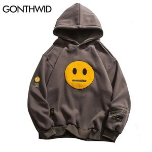 Gonthwid zíper bolso sorriso rosto retalhos velo hoodies moletom streetwear masculino hip hop casual pulôver com capuz masculino topos 240312