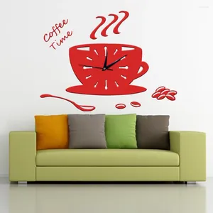 Relógios de parede pendurado relógio café tempo copo forma 3D DIY moderna decoração de casa (vermelho)