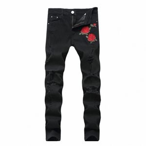Fi Rose Stickerei Männer Jeans Design Slim Fit Cott Black Ripped Jeans für Männer Denim Hosen Marke Klassische Jeans Plus Größe t8xb #