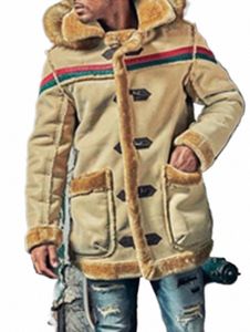 Мужское пальто из искусственной кожи, теплое меховое пальто с капюшоном средней длины, мужская куртка с большим меховым воротником, пряжка с рогом, мужское пальто, новое зимнее пальто больших размеров T6AW #